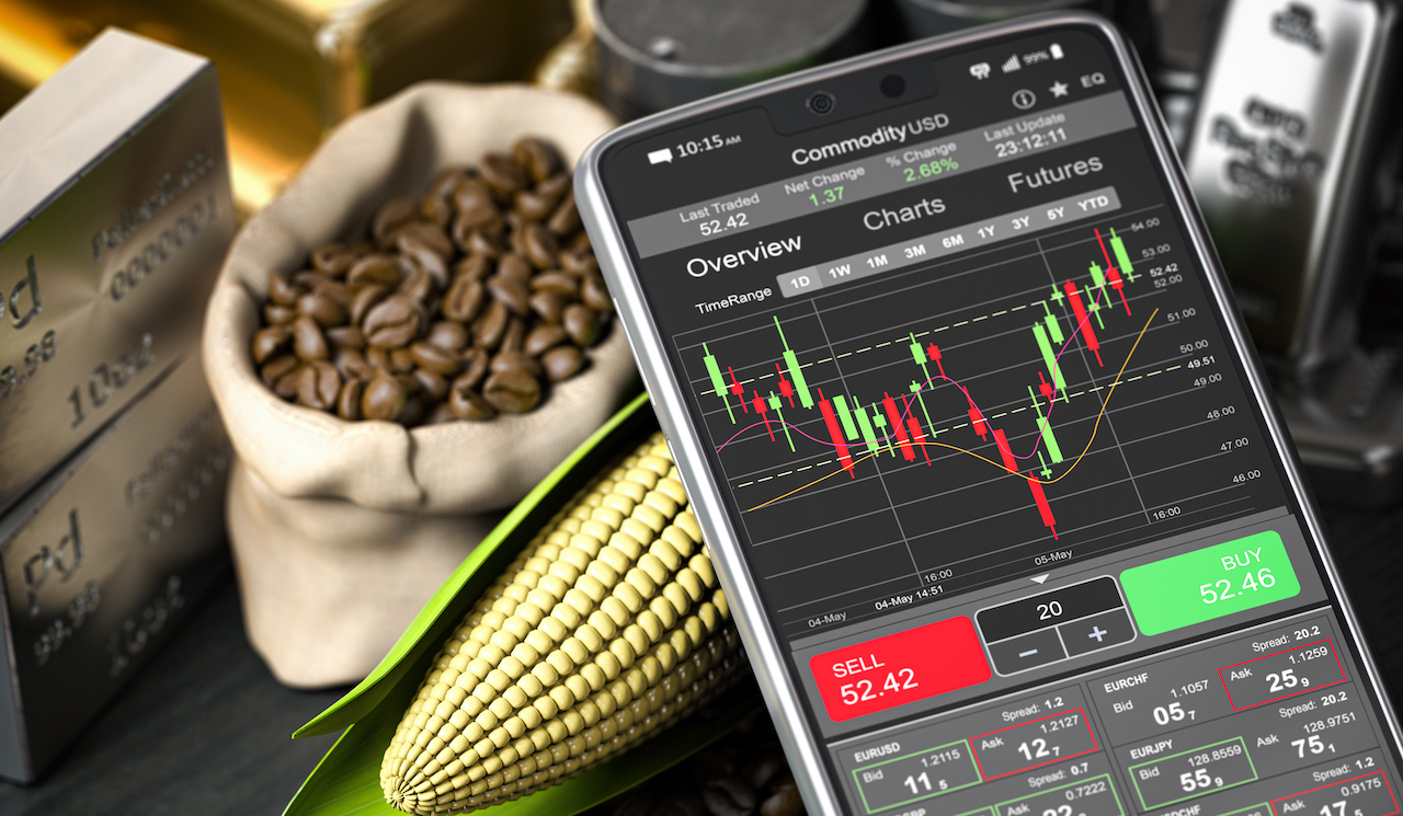 Smartphone and commodities. Stock exchange market trading platform on the screen of mobile phone. 3d illustration